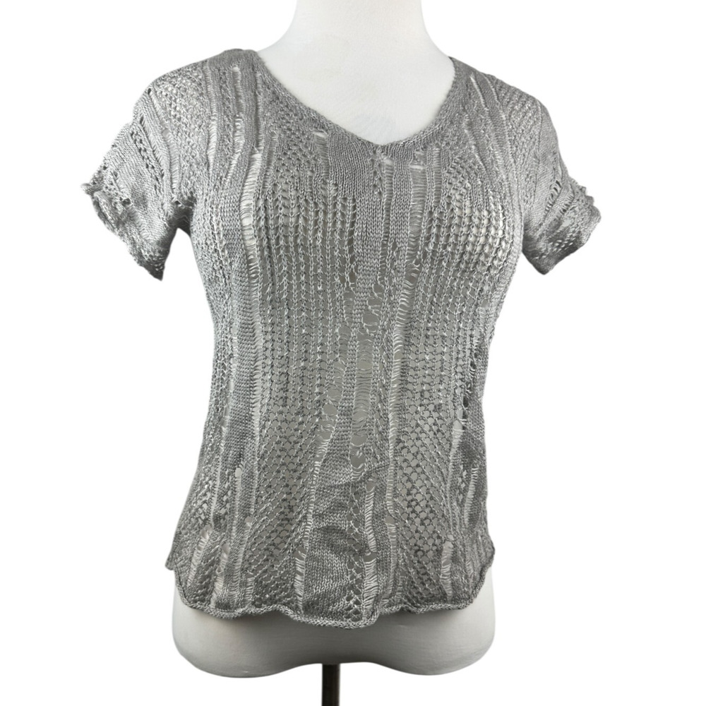 Eileen Fisher Open Knit V-Neck Short Sleeve Sweater Linen Metallic PP Petite Top - Picture 2 of 16